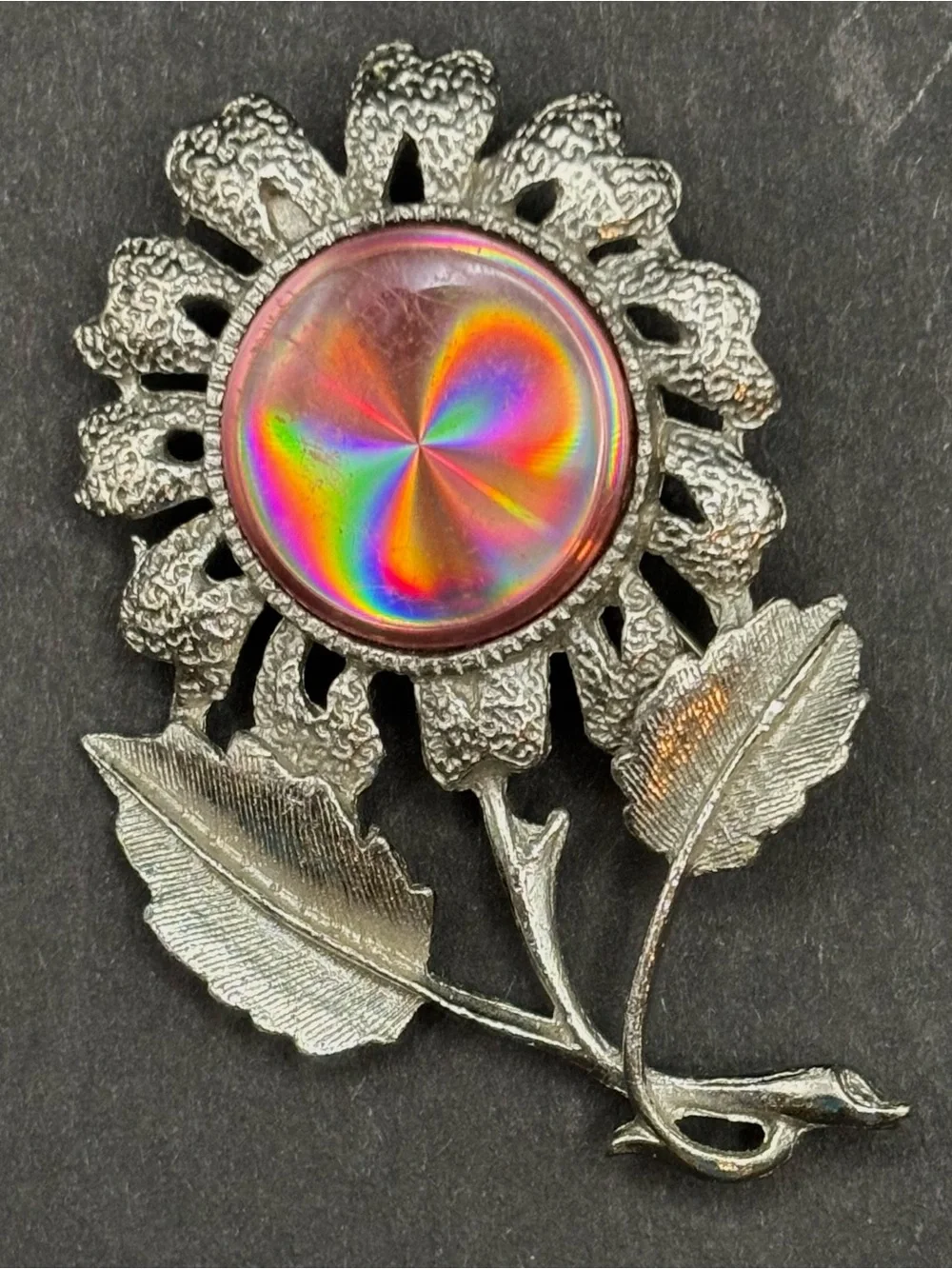 Vintage Jewelarama Silver Tone Daisy Flower Pin Pink Rainbow Iridescent Brooch